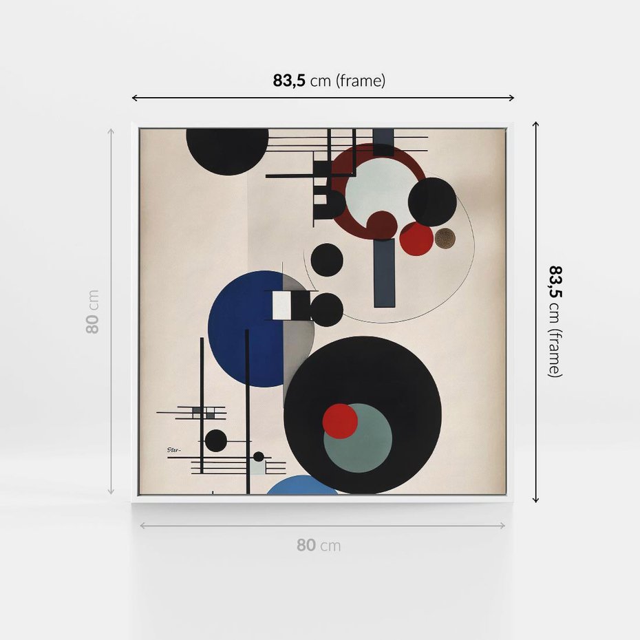 Obraz w ramie 80x80 - Rozkwitające Wibracje Wyobraźni - abstrakcyjna geometryczna kompozycja, koła linie - rama biała