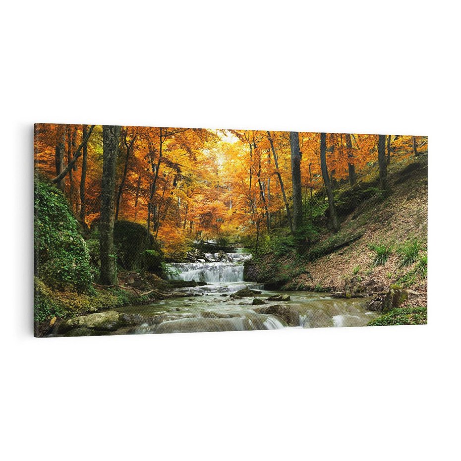 Obraz na płótnie 100x50 - Urok lasu: drzewa i strumyk w harmonii - las, drzewa