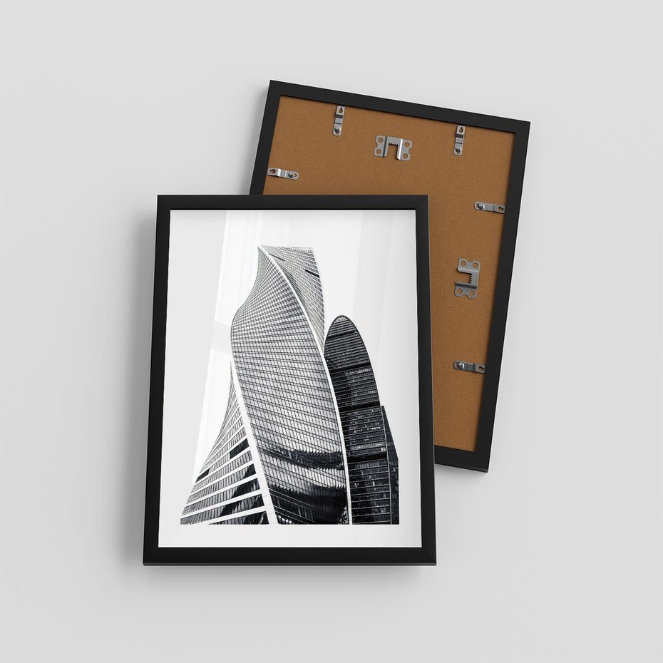 Plakat w ramie 30x40 - Wieżowce z Falistymi Kształtami - nowoczesne wieżowce, czarno biała fotografia - rama czarna