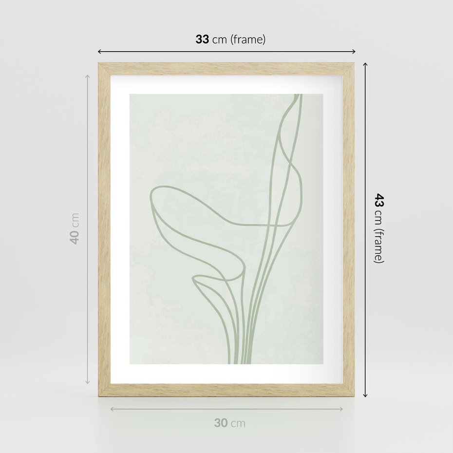 Plakat w ramie 30x40 - Zielona Równowaga Linii - abstrakcyjne delikatne zielone linie, nowoczesny plakat - rama drewno