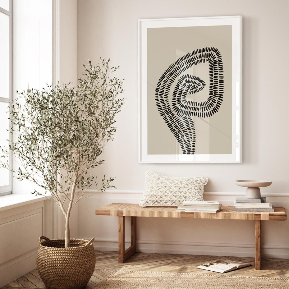 Plakat w ramie 30x40 - Nowoczesne Spektrum Wyobraźni - boho plakat, czarne kropki kreski - rama biała