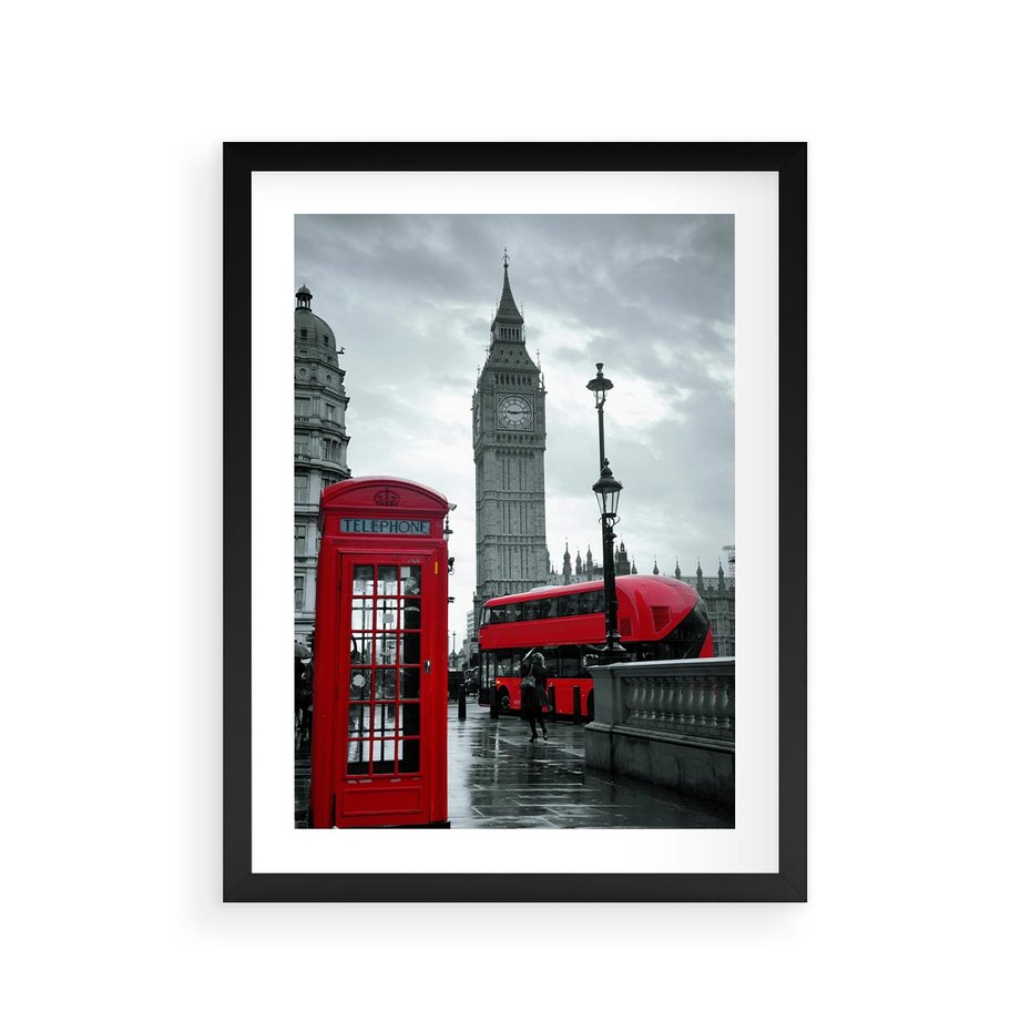 Plakat w ramie 30x40 - Uliczka z charakterystyczną budką w Londynie - Londyn, budka - rama czarna