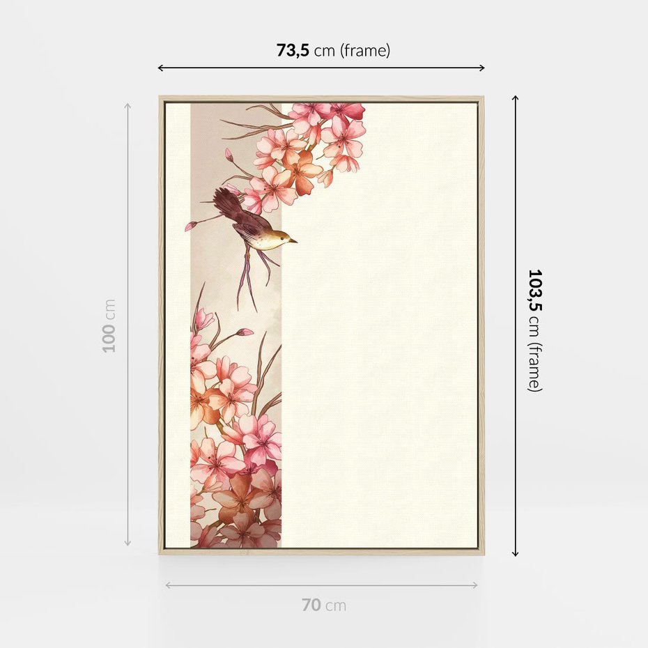 Obraz w ramie 70x100 - Rozkwitające Marzenia - japońska sztuka, ptak - rama drewno