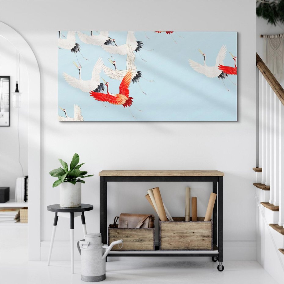 Obraz na płótnie 140x70 - Eteryczne Żurawie - lecące żurawie, orientalna sztuka