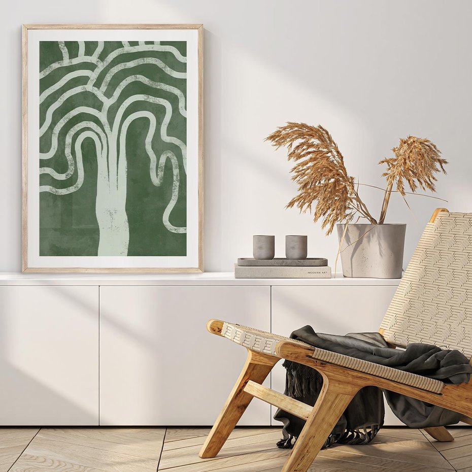 Plakat w ramie 30x40 - Inspirujące Zawiłości Zieleni - abstrakcyjny kształt, zielony plakat - rama drewno