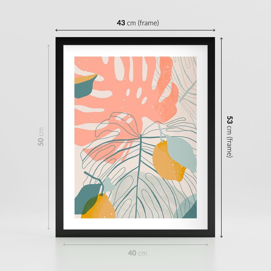 Plakat w ramie 40x50 - Sztuka Natury: Liście Monstery w Pastelach - nowoczesna grafika, pastelowe liście monstery - rama czarna