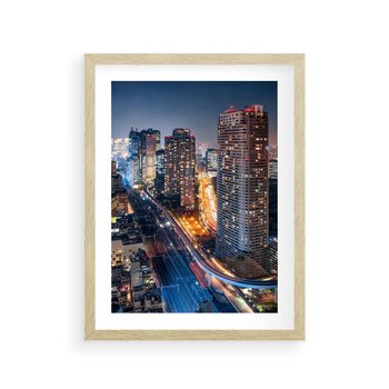 Plakat w ramie 30x40 - Miasto nocą z wieżowcami w tle - miasto, nocą - rama drewno