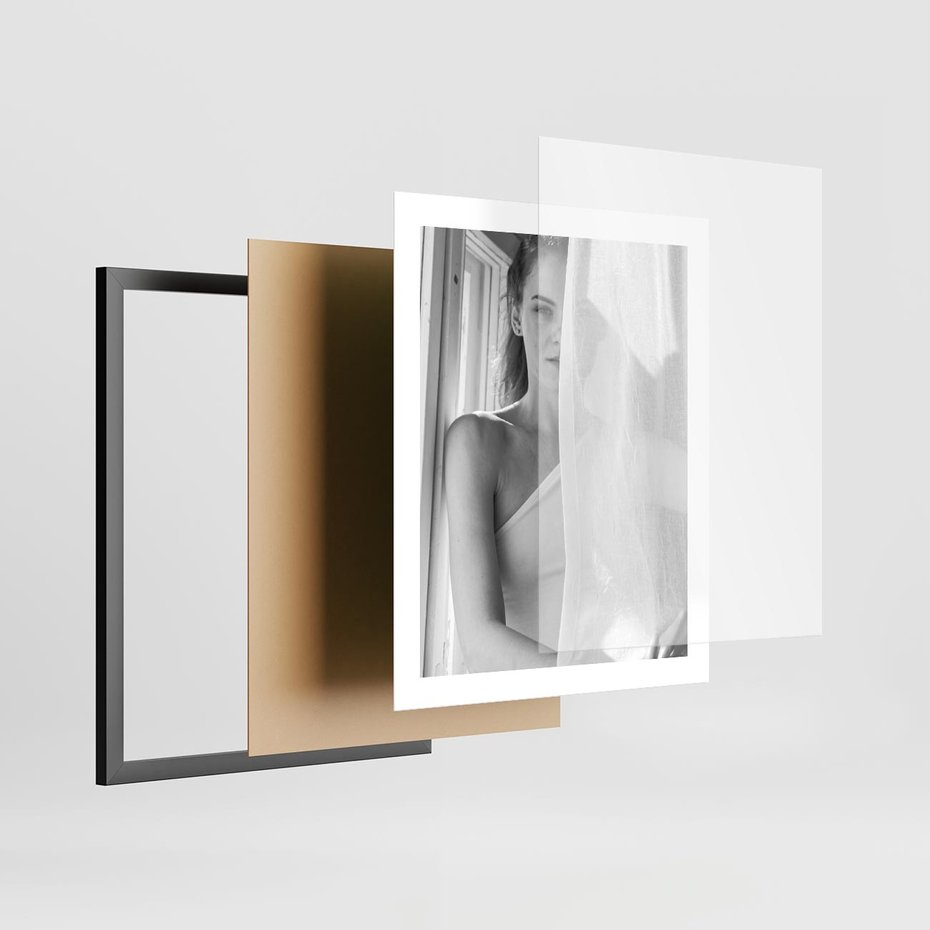 Plakat w ramie 40x50 - Za Firanką - czarno białe zdjecie, piękny portret eterycznej kobiety - rama czarna