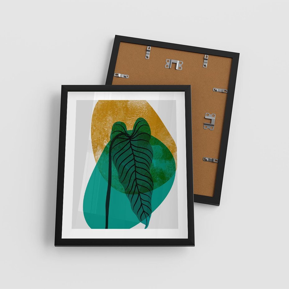 Plakat w ramie 40x50 - Zielony Liść ze Złotą Plamą - zielony liść, złota plama - rama czarna
