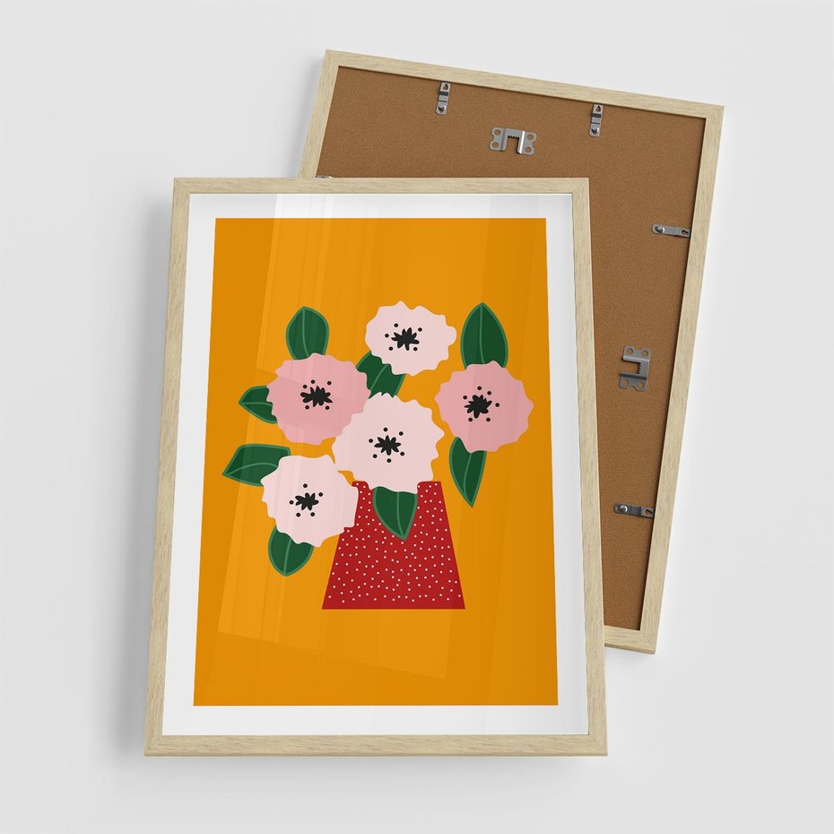Plakat w ramie 50x70 - Harmonijne Granice - abstrakcyjne kwiaty, żółte tło - rama drewno