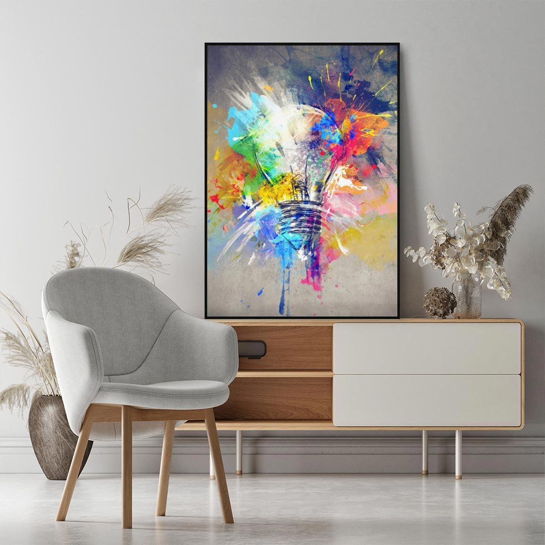 Obraz w ramie 70x100 - Kolory Kreatywnej Koncepcji - abstrakcyjna grafika, szkic żarówki - rama czarna