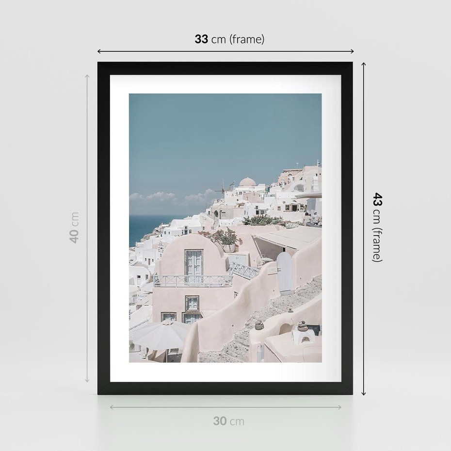 Plakat w ramie 30x40 - Śródziemnomorski Urok - zdjęcie Santorini, białe budynki - rama czarna