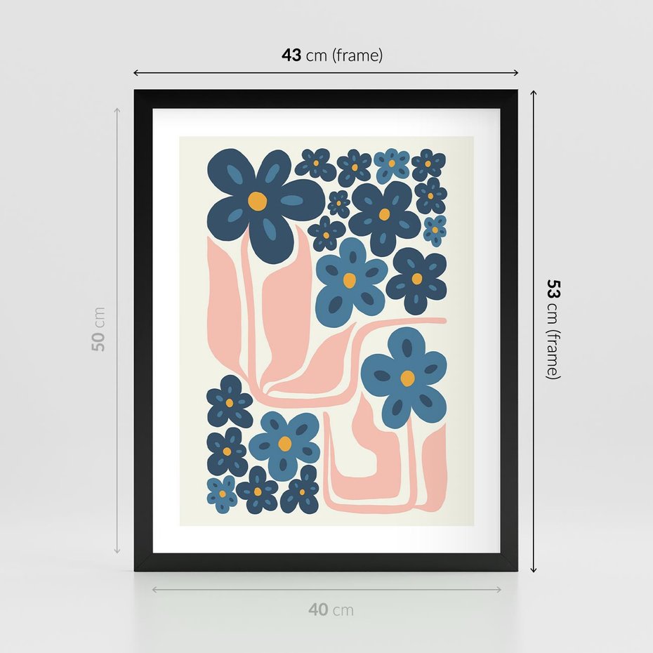 Plakat w ramie 40x50 - Niebieskie Refleksje - niebieskie kwiaty, niezapominajki - rama czarna