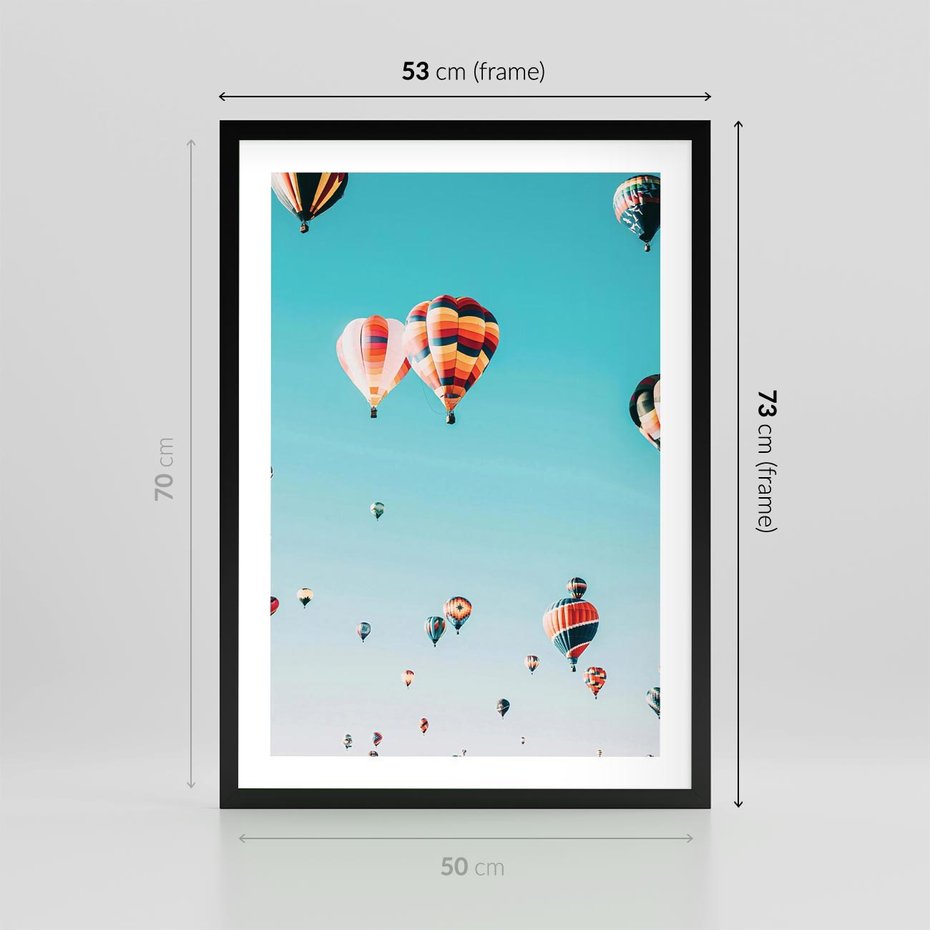 Plakat w ramie 50x70 - Balonowa Ekscytacja - balony latają w powietrzu, wyścigi balonów - rama czarna