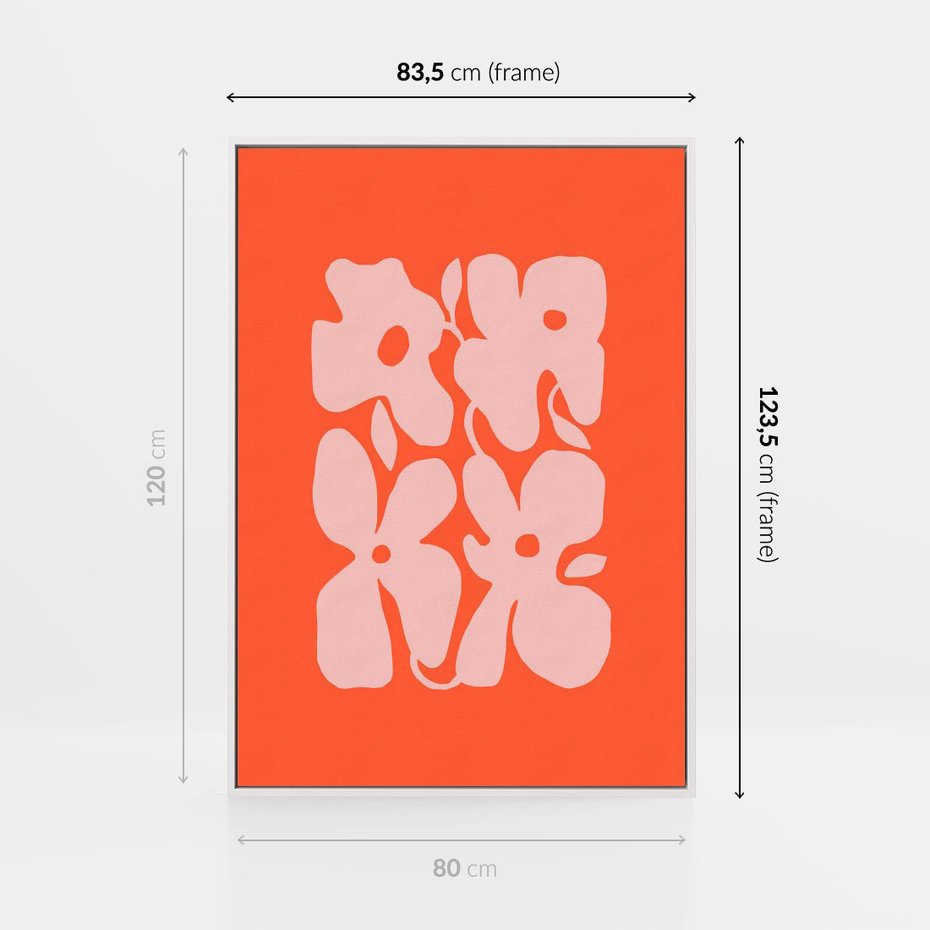 Obraz w ramie 80x120 - Taniec Abstrakcji - kwiaty, energetyczne pomarańczowe tłó - rama biała