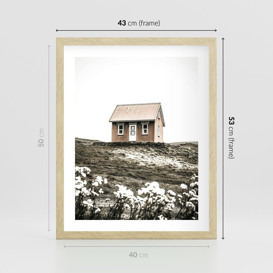 Plakat w ramie 40x50 - Krajobraz z Przeszłości: Kwitnąca Łąka w Sepii - domek na wzgórzu, kwitnąca łąka - rama drewno