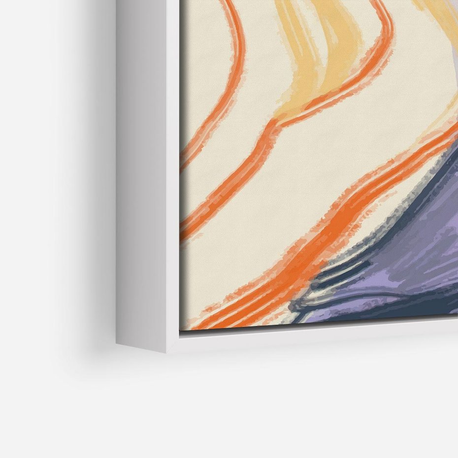 Obraz w ramie 50x50 - Pokreślony Świat - abstrakcyjne formy, odcienie pomarańczu i fioletu - rama biała