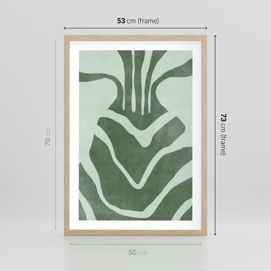 Plakat w ramie 50x70 - Zieleń Odpoczynku - zielony plakat, nieregularne splątane linie - rama drewno