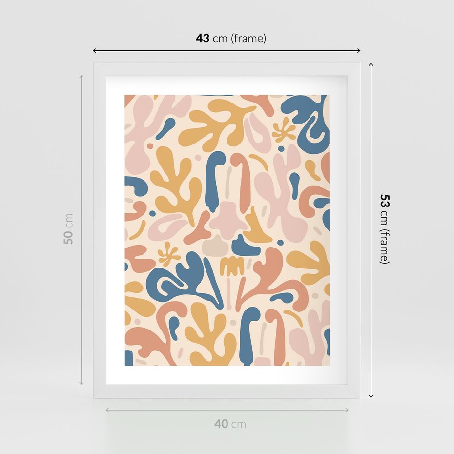 Plakat w ramie 40x50 - Symfonia Radosnych Barw - abstrakcyjne pastelowe formy, nowoczesna grafika w stylu boho - rama biała