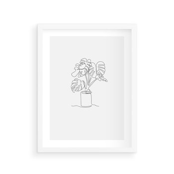 Plakat w ramie 30x40 - Tajemnicza Harmonia - sztuka one line, monstera - rama biała