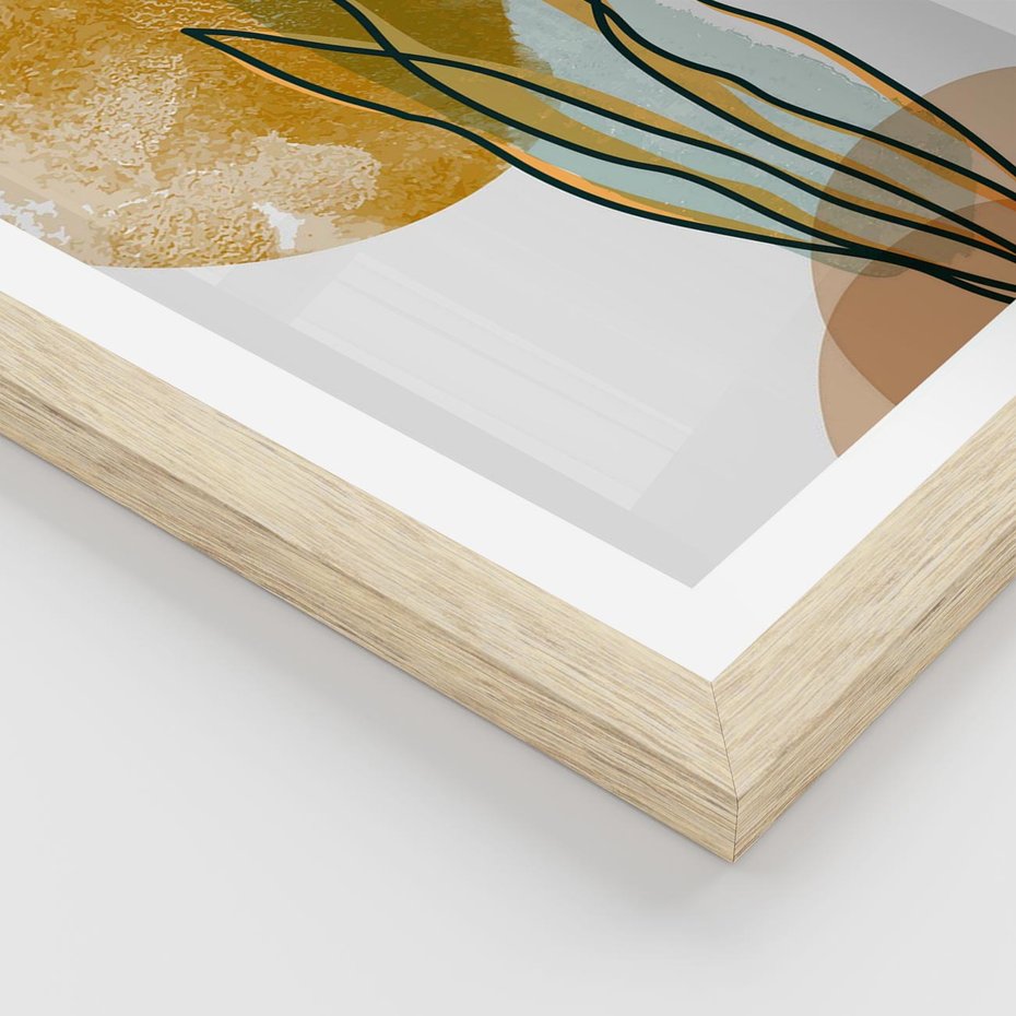 Plakat w ramie 30x40 - Światło Natury: Graficzne Liście i Złote Słońce - grafika, graficzne liście - rama drewno