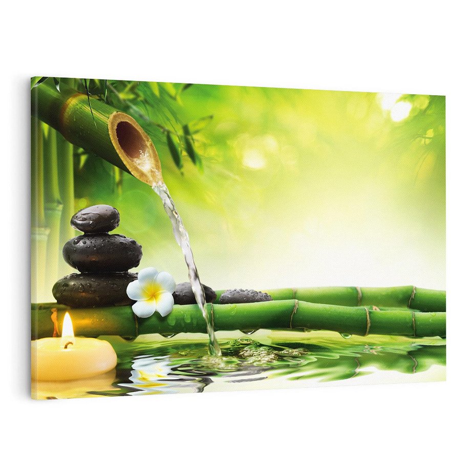 Obraz na płótnie 100x70 - Harmonia natury: Bambus, woda, kamienie - bambus, woda
