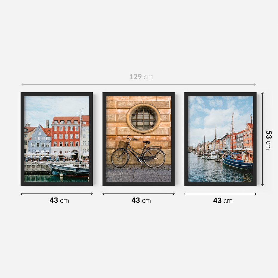 Zestaw obrazy w ramie 40x50 galeria - Kopenhaga, Holandia, rower, domki, port - rama czarna