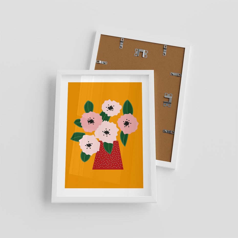 Plakat w ramie 30x40 - Harmonijne Granice - abstrakcyjne kwiaty, żółte tło - rama biała