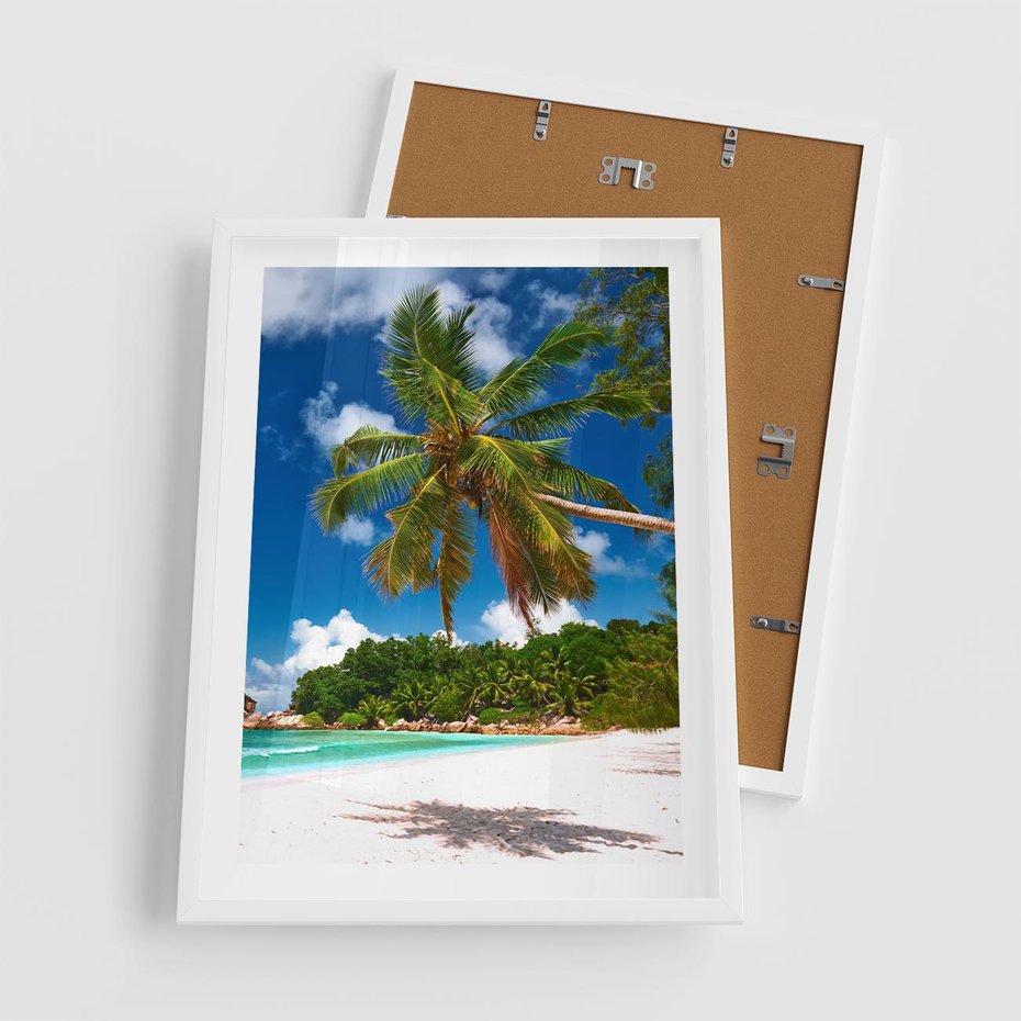 Plakat w ramie 50x70 - Oaza palm na plaży - palma, plaża - rama biała