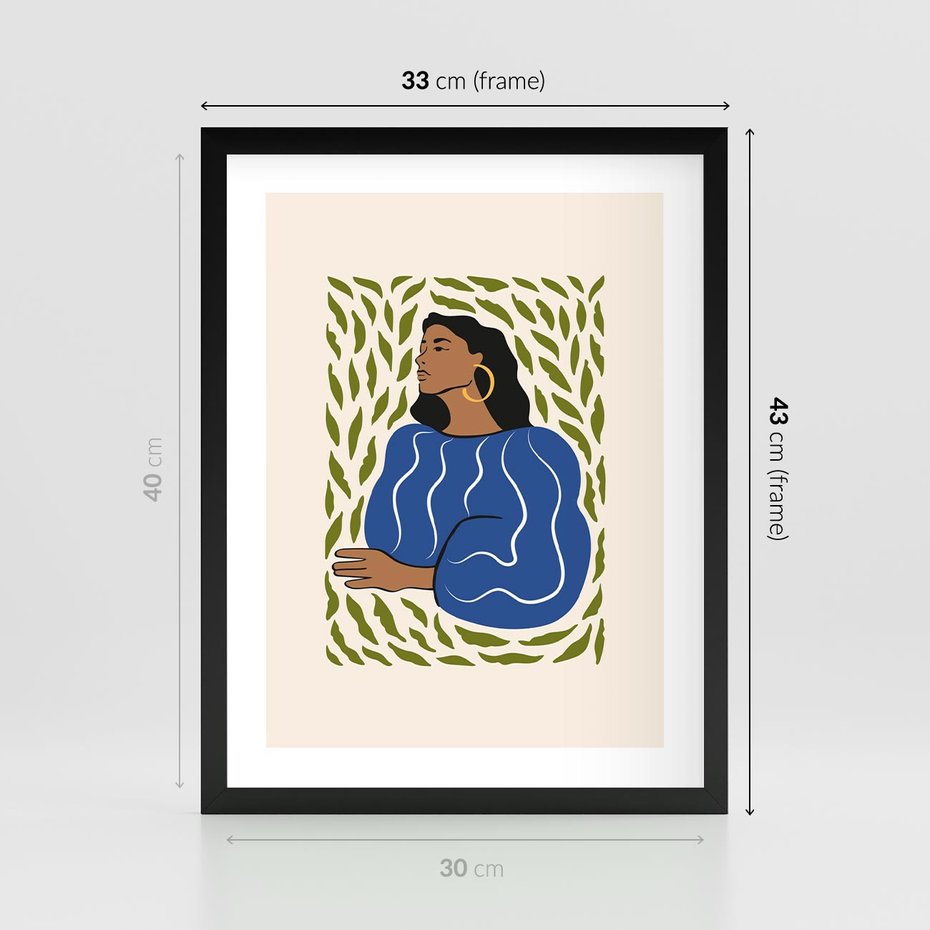 Plakat w ramie 30x40 - Rozbite Barwy - nowoczesny plakat, kobieta otoczona liśćmi - rama czarna