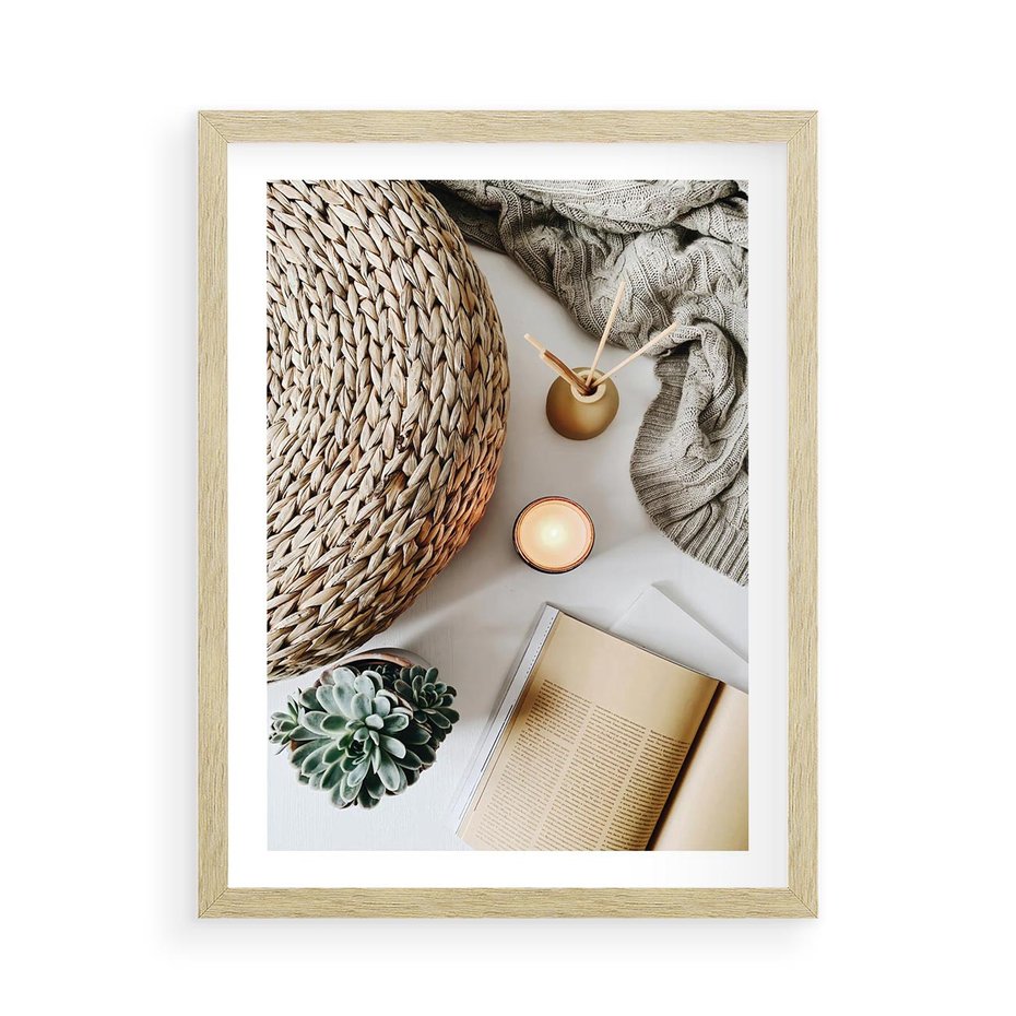 Plakat w ramie 50x70 - Przytulna Kompozycja Lifestyle - kompozycja lifestyle, wiklina - rama drewno