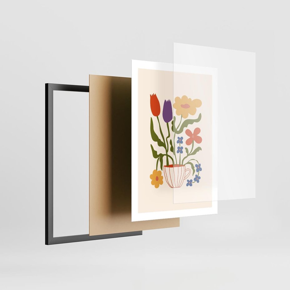 Plakat w ramie 50x70 - Kolorowe Granice - kwiaty w filizance, abstrakcja - rama czarna