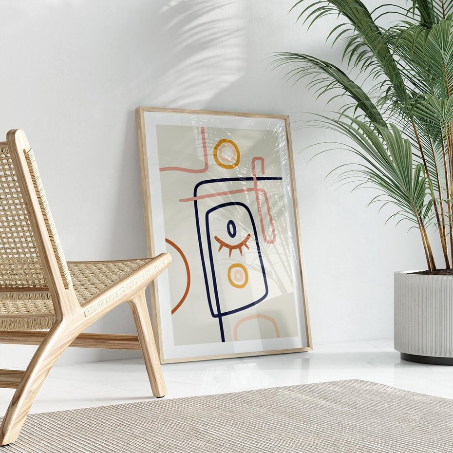 Plakat w ramie 40x50 - Manifestacje Dziwności - abstrakcja w stylu picasso, beżowe tło - rama drewno