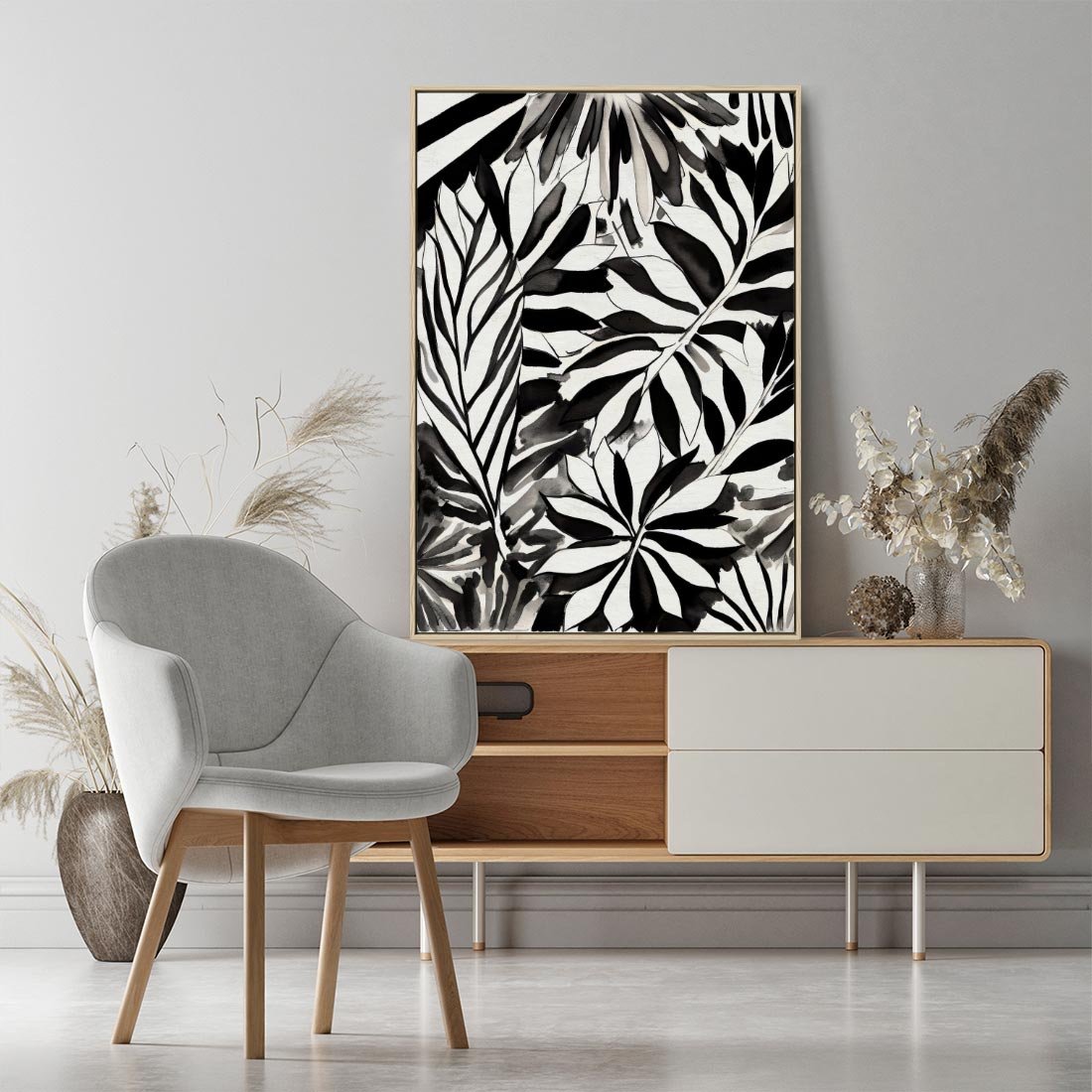 Obraz w ramie 50x70 - Czarne Liście - akwarelowy obraz, czarno biały - rama drewno