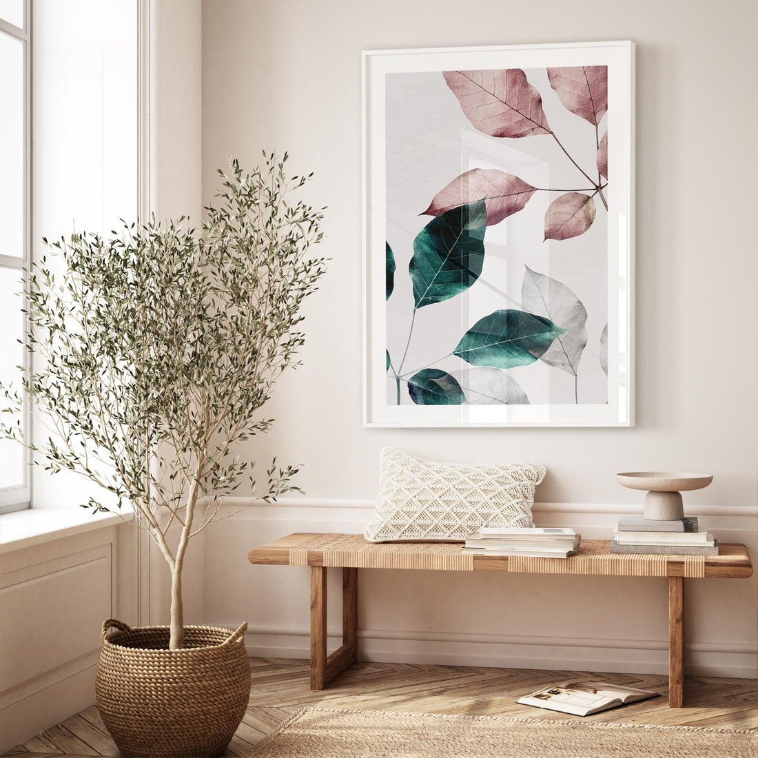 Plakat w ramie 50x70 - Pastelowe Liście w Minimalizmie - pastelowe liście, minimalistyczny obraz - rama biała