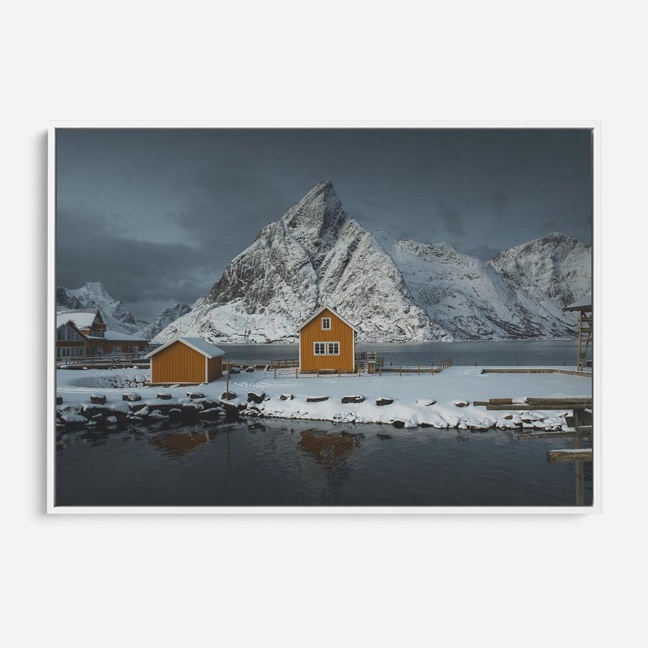 Obraz w ramie 70x50 - Minimalizm i Urok Natury - skandynawskie, domki - rama biała