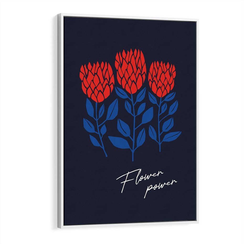 Obraz w ramie 70x100 - Podróżne Barwy - czerwone abstrakcyjne kwiaty, granatowe tło - rama biała