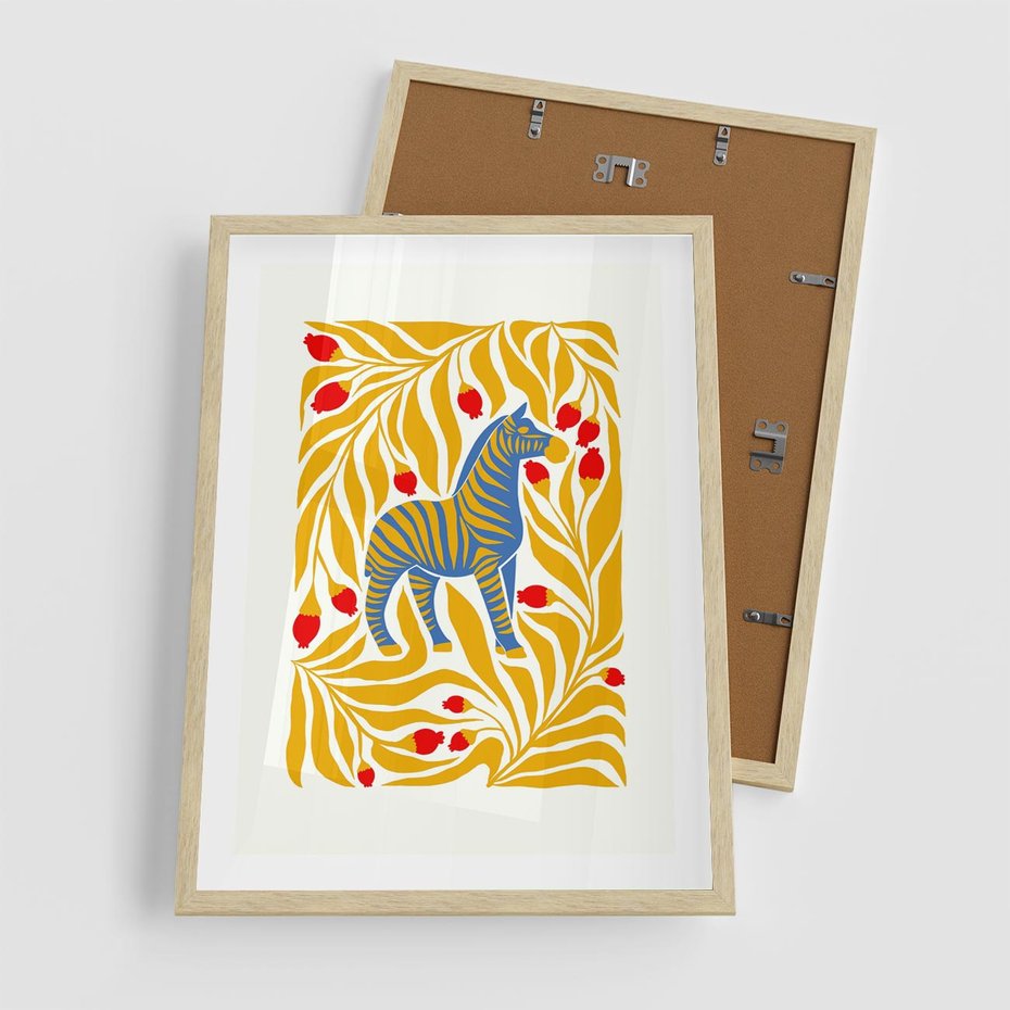 Plakat w ramie 50x70 - Zebra w Nowoczesności - abstrakcyjna nowoczesna grafika, pośrodku zebra - rama drewno