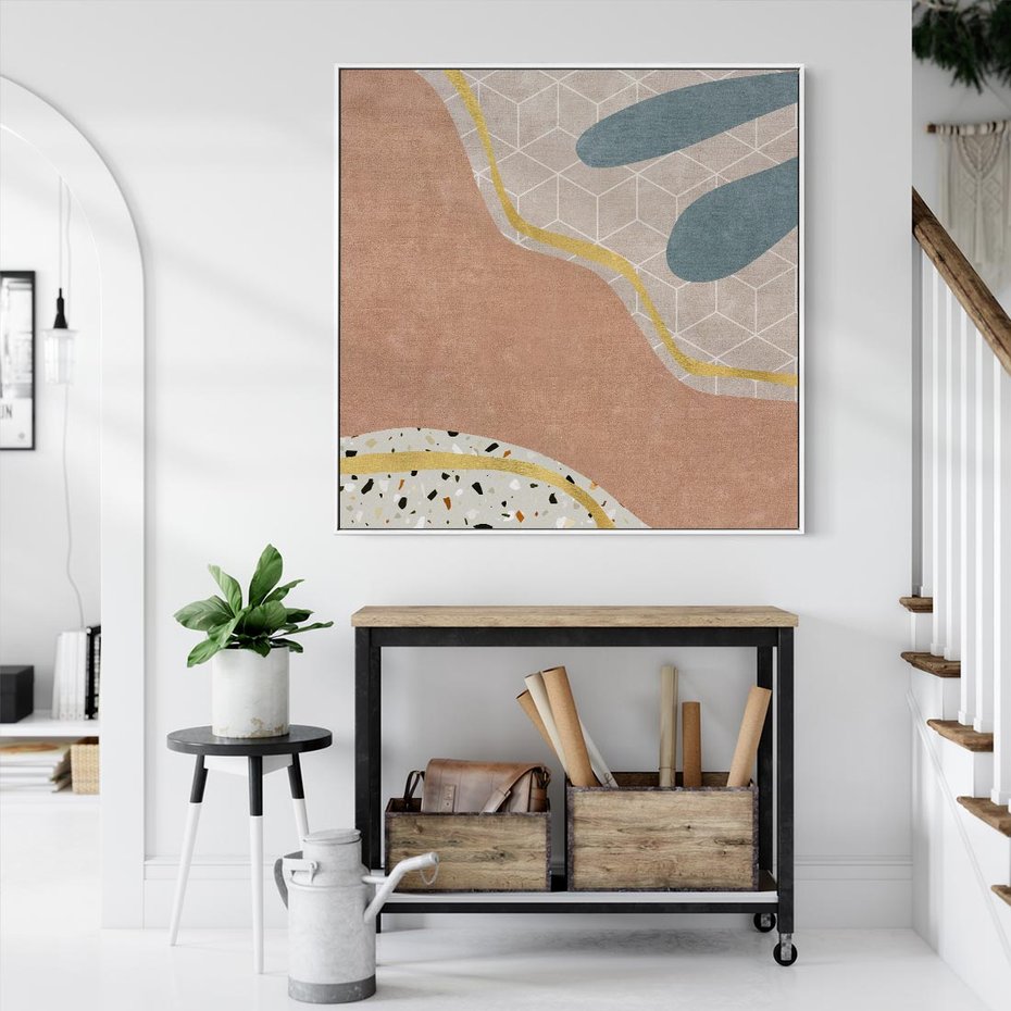 Obraz w ramie 80x80 - Tańczący w deszczu pigmentów - abstrakcyjne formy, rozlane farby - rama biała