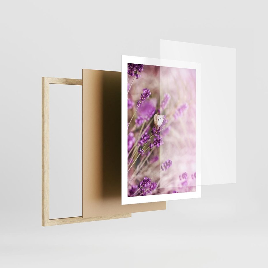 Plakat w ramie 50x70 - Majestat lawendy: fioletowe pola - lawenda, fiolet - rama drewno