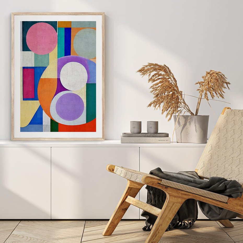 Plakat w ramie 40x50 - Migotliwe Impulsy Dźwięku - różne geometryczne formy, koła - rama drewno