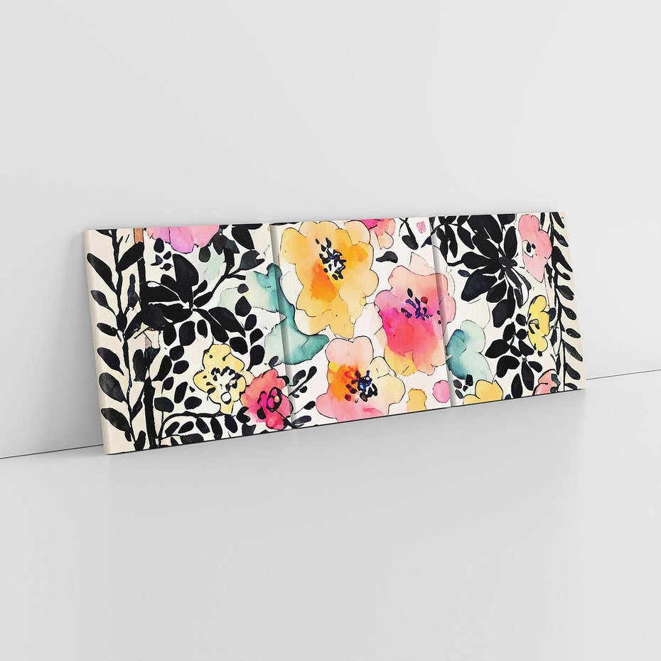 Obraz na płótnie 90x30 - Opowieść w kroplach farb - akwarelowe kwiaty, mocna ornamentowa czarna ramka namalowana dookoła obrazu