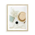 Plakat w ramie 40x50 - Boho Urok - kompozycja boho, slomkowy kapelusz - rama drewno
