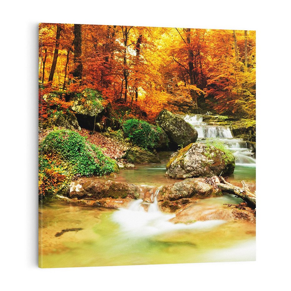 Obraz na płótnie 70x70 - Idylliczny las z bujnym strumykiem - las, drzewa