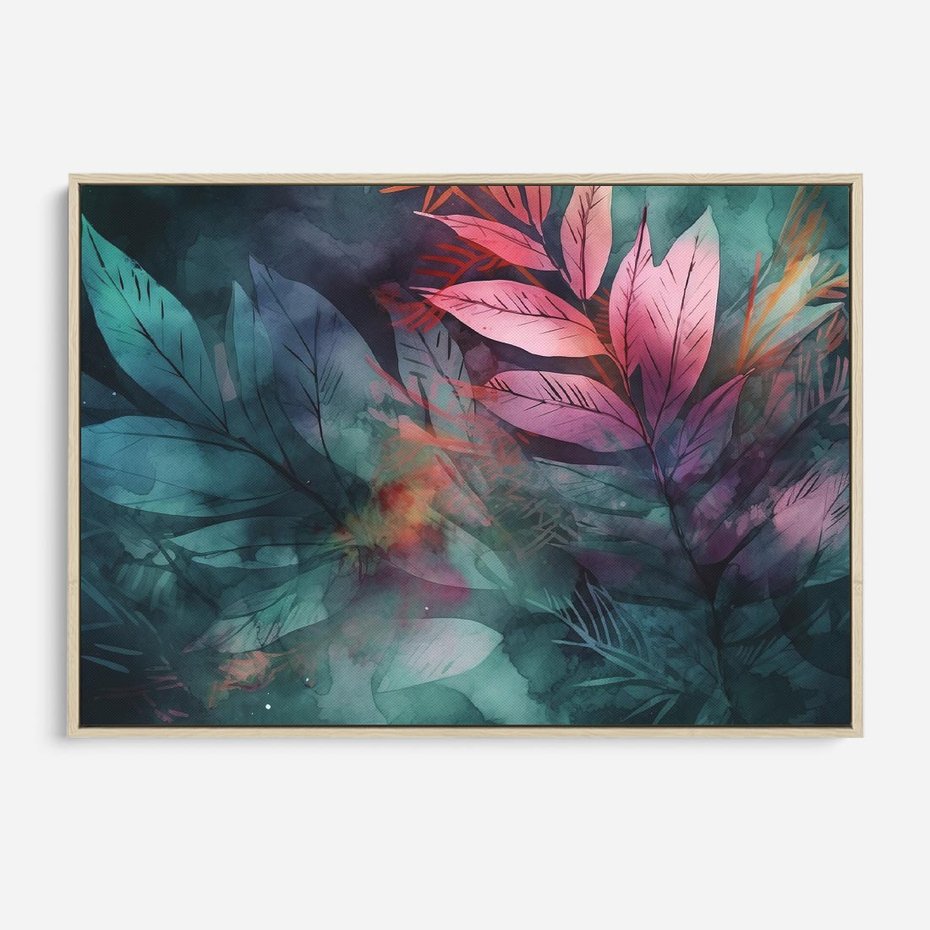 Obraz w ramie 70x50 - Subtelne Zielone - pastelowe zielone liście, róż - rama drewno