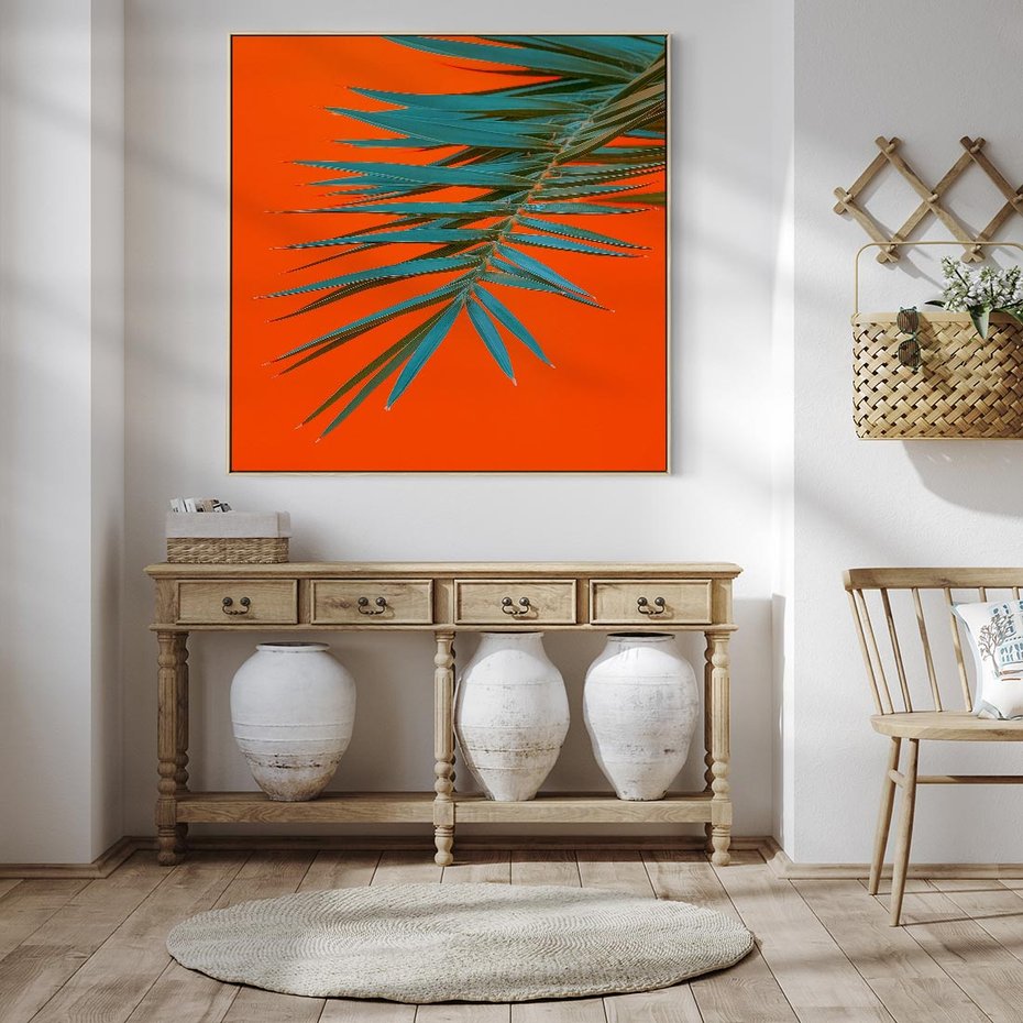 Obraz w ramie 50x50 - Egzotyczny Urok - liście, palma - rama drewno