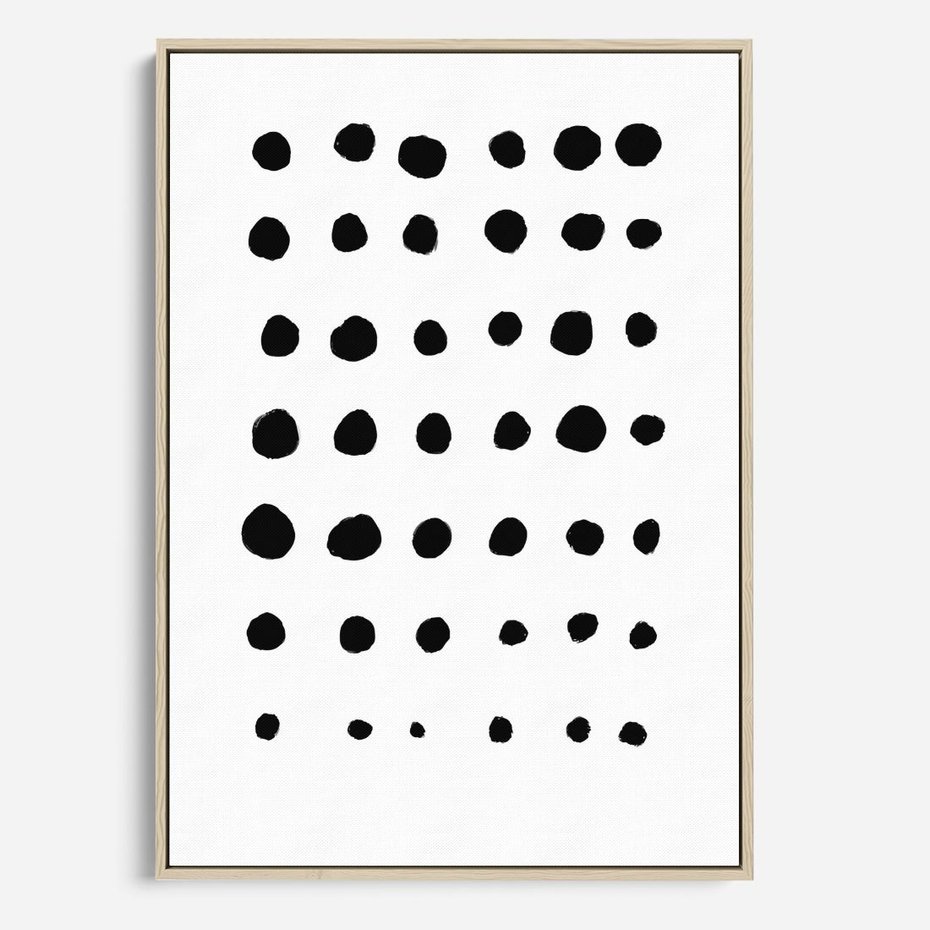 Obraz w ramie 70x100 - Refleksje Światła - minimalistyczna kompozycja, czarne kropkina białym tle - rama drewno