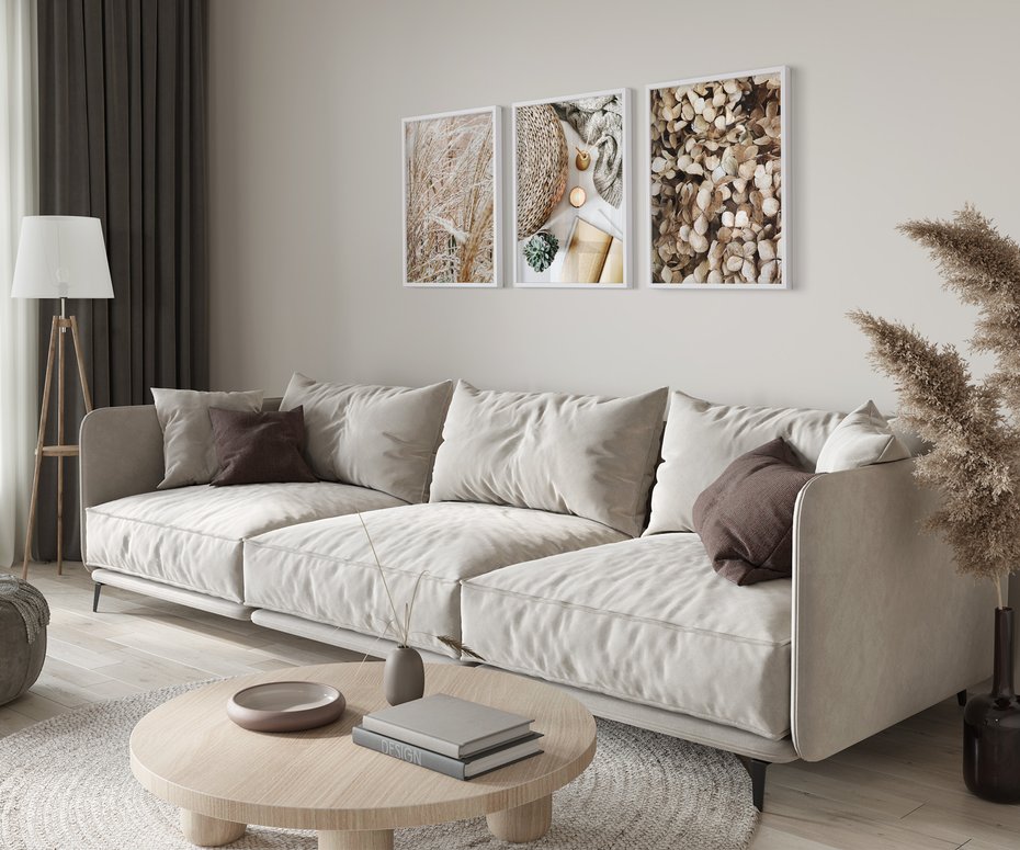 Zestaw obrazy w ramie 50x70 galeria - Boho, wnętrza, liście, trawy - rama biała