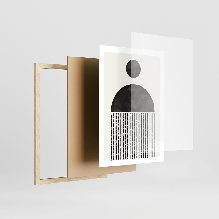 Plakat w ramie 50x70 - Księga Wibracji - abstrakcyjne czarno białe formy, minmalizm - rama drewno