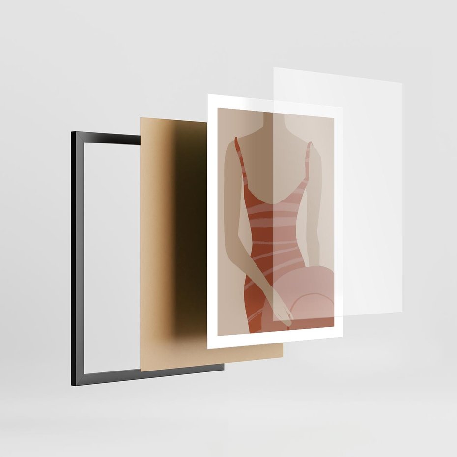 Plakat w ramie 50x70 - Kobiece Retro - minimalistyczny boho plakat, retro kobieta w stroju kąpielowym - rama czarna